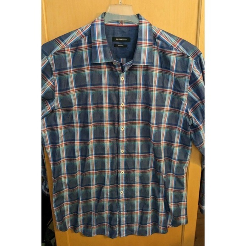 Bugatchi Shaped‎ Fit Button Down Size small Flip Cuff Plaid Window Pane Blue
